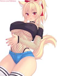 Rule 34 | 1girl, animal ear fluff, animal ears, black shirt, blonde hair, blue shorts, blush, breasts, cat ears, cat girl, cat tail, covered erect nipples, fishnet leotard, fishnets, hair ornament, highres, large breasts, long hair, micro shorts, nail polish, nottytiffy, original, own hands together, parted lips, patreon username, pink nails, ponytail, red eyes, shirt, shorts, solo, tail, thighhighs, thighs, tiffy (nottytiffy), white thighhighs
