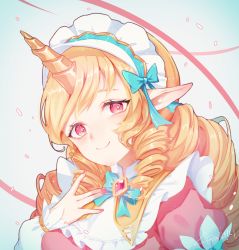 Rule 34 | 1girl, absurdres, blonde hair, bow, bowtie, cafe cuties soraka, diamond-shaped brooch, drill hair, gllmj, green bow, green bowtie, grey background, hair bow, highres, horns, league of legends, long hair, long sleeves, looking at viewer, maid, maid headdress, pink background, pink eyes, simple background, single horn, smile, solo, soraka (league of legends), twin drills