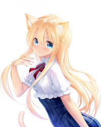 Rule 34 | 1girl, animal ears, blonde hair, blue eyes, blush, bow, cat ears, cat tail, hair between eyes, highres, long hair, looking at viewer, original, profile, red bow, short sleeves, smile, solo, tail, white background, zizi (zz22)