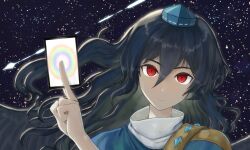 Rule 34 | 1girl, ability card (touhou), black hair, blue dress, blue hat, card, close-up, closed mouth, dress, empty eyes, hair between eyes, hand up, harapan-kun, hat, head tilt, highres, holding, holding card, iizunamaru megumu, long hair, looking at viewer, night, night sky, red eyes, shooting star, shoulder guard, sky, smile, solo, star (sky), starry sky, tokin hat, touhou, turtleneck, unconnected marketeers