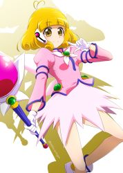 Rule 34 | 1girl, absurdres, antenna hair, blonde hair, blunt bangs, closed mouth, cosplay request, gloves, highres, holding, holding staff, kise yayoi, long sleeves, medium hair, miniskirt, nita (onakatohoppe), pink shirt, precure, shadow, shirt, skirt, smile, smile precure!, solo, staff, twitter username, white background, white gloves, white skirt, yellow eyes