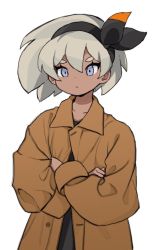 Rule 34 | 1girl, alternate costume, bea (pokemon), black hairband, bow hairband, brown coat, buttons, closed mouth, coat, collarbone, collared coat, commentary request, creatures (company), crossed arms, dark-skinned female, dark skin, eyelashes, game freak, grey eyes, hair between eyes, hairband, jorin, korean commentary, long sleeves, nintendo, pokemon, pokemon swsh, simple background, solo, white background