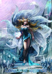 Rule 34 | 1girl, ahri (league of legends), alternate costume, animal ears, bare shoulders, blonde hair, blue dress, breasts, cleavage, copyright name, dress, fox ears, fox tail, full body, heart, ice, large breasts, league of legends, lens flare, multiple tails, oreki genya, slippers, snowflake print, solo, stairs, tail, watermark