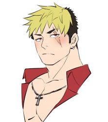 Rule 34 | 1boy, bad id, bad twitter id, bara, bare pectorals, black hair, blonde hair, blush, cropped shoulders, cross, cross necklace, flat color, jewelry, looking at viewer, male focus, multicolored hair, muscular, muscular male, necklace, onogami tetsuya, pectoral cleavage, pectorals, red eyes, scar, scar across eye, scar on face, sdz (inazuma), short hair, solo, sunglasses, tokyo houkago summoners, two-tone hair, white background
