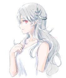 Rule 34 | 1girl, bare arms, blouse, closed mouth, collarbone, corrin (female) (fire emblem), corrin (fire emblem), cropped arms, curly hair, fire emblem, fire emblem fates, fire emblem if, grey hair, hair between eyes, intelligent systems, long hair, nintendo, pointy ears, red eyes, robaco, shirt, simple background, sketch, sleeveless, sleeveless shirt, smile, solo, upper body, very long hair, white background, white shirt