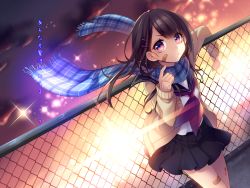 Rule 34 | 1girl, bad id, bad pixiv id, bandaid, bandaid on face, blue scarf, brown hair, chain-link fence, city lights, fence, hair ornament, hairclip, jacket, long hair, long sleeves, looking at viewer, masaru.jp, necktie, open clothes, open jacket, original, pink eyes, plaid, plaid scarf, pleated skirt, scarf, school uniform, serafuku, shirt, skirt, solo, wind