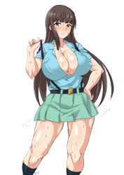 Rule 34 | 1girl, absurdres, aoshidan school uniform, artist name, belt, black belt, black socks, blue shirt, blunt bangs, blush, breasts, cleavage, closed mouth, collared shirt, commentary request, covered erect nipples, cowboy shot, emblem, frown, girls und panzer, green skirt, half-closed eyes, hand on own hip, highres, huge breasts, kneehighs, looking at viewer, mature female, miniskirt, motion lines, muscular, muscular female, nishizumi shiho, partially unbuttoned, pleated skirt, school uniform, shirt, signature, simple background, skirt, socks, solo, standing, straight hair, suspender skirt, suspenders, suspenders pull, sweat, tavor (m tavor), white background