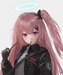 Rule 34 | 1girl, absurdres, ambriel (arknights), arknights, black gloves, black jacket, commentary, food, food in mouth, gloves, grey background, grey shirt, hair ornament, hairclip, halo, hand up, highres, holding, holding food, jacket, jfjf, long hair, looking at viewer, mouth hold, one side up, open clothes, open jacket, pink hair, pocky, purple eyes, shirt, simple background, solo, upper body