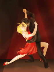 Rule 34 | 1980s (style), 1boy, 1girl, arm around waist, bean bandit, black hair, blonde hair, blue eyes, dancing, dress, eye contact, gradient background, hetero, high heels, highres, holding hands, looking at another, manly, oldschool, rally vincent (riding bean), red dress, red footwear, retro artstyle, riding bean, shoes, short hair, takokichi, tango, tuxedo