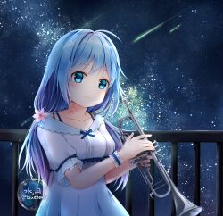 Rule 34 | 1girl, abc cherry, blue eyes, blue hair, bubble, dress, flower, hair flower, hair ornament, highres, holding, holding instrument, instrument, long hair, looking at viewer, low twintails, night, night sky, original, outdoors, railing, shooting star, short sleeves, sky, smile, solo, star (sky), starry sky, trumpet, twintails