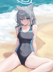 Rule 34 | 1girl, absurdres, animal ears, arms behind back, beach, black one-piece swimsuit, blue archive, blue eyes, breasts, cat ears, chengxiang dsa, competition swimsuit, cross, cross hair ornament, extra ears, grey hair, hair ornament, hairclip, halo, highres, inverted cross, korean commentary, medium breasts, ocean, official alternate costume, one-piece swimsuit, outdoors, sand, shiroko (blue archive), shiroko (swimsuit) (blue archive), sitting, solo, spread legs, swimsuit, thighs, water