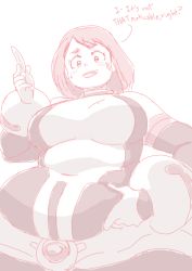 Rule 34 | 10s, 1girl, artist request, belt, blush, bodysuit, boku no hero academia, breasts, embarrassed, english text, fat, gloves, hand up, large breasts, looking at viewer, looking down, monochrome, open mouth, short hair, simple background, skin tight, solo, sweatdrop, talking, teeth, tongue, uraraka ochako, weight gain, white background