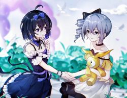 Rule 34 | 2girls, 8181018, antenna hair, bare shoulders, bronya zaychik, closed eyes, cloud, cloudy sky, doll, drill hair, grey background, grey eyes, hair between eyes, hair ribbon, holding, holding hands, holding weapon, homu (honkai impact), honkai (series), honkai impact 3rd, hugging doll, hugging object, looking at another, multiple girls, open mouth, outdoors, purple eyes, purple hair, ribbon, seele vollerei, short hair, sky, smile, weapon, yuri