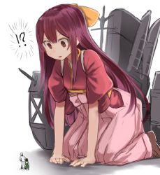 Rule 34 | !?, 10s, 1boy, 2girls, admiral (kancolle), black hair, bow, brown footwear, giant, giantess, green skirt, hair bow, hakama, hakama skirt, hat, jacket, japanese clothes, kamikaze (kancolle), kantai collection, kneeling, long hair, looking at another, looking down, looking up, matsukaze (kancolle), military, military uniform, multiple girls, open mouth, pink skirt, red eyes, rigging, shoes, short hair, simple background, size difference, skirt, smokestack, turret, uniform, utopia, white background, white hat, white jacket