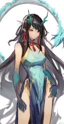 Rule 34 | 1girl, absurdres, arknights, arm tattoo, bead bracelet, beads, black hair, bracelet, china dress, chinese clothes, colored skin, cowboy shot, dragon girl, dragon horns, dragon tail, dress, dusk (arknights), dusk (everything is a miracle) (arknights), ear piercing, earrings, female focus, flame-tipped tail, green hair, green skin, highres, horns, jewelry, long hair, looking at viewer, multicolored hair, neck ribbon, official alternate costume, orange eyes, pelvic curtain, piercing, red ribbon, ribbon, shouz, sleeveless, sleeveless dress, solo, streaked hair, tail, tassel, tassel earrings, tattoo, very long hair, white background