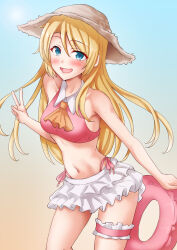 Rule 34 | 1girl, alternate costume, anti (untea9), ascot, bikini, blonde hair, blue background, blue eyes, blush, breasts, bridal garter, cowboy shot, gradient background, gradient hair, hat, highres, holding, holding swim ring, innertube, jervis (kancolle), kantai collection, long hair, looking at viewer, multicolored hair, open mouth, orange ascot, pink bikini, skirt, small breasts, smile, straw hat, swim ring, swimsuit, two-tone bikini, white skirt, yellow background