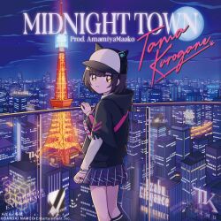 Rule 34 | 1girl, absurdres, album cover, animal ears, animal hat, baseball cap, black hair, black socks, building, cat ears, cat hat, character name, city, cityscape, closed mouth, cover, denonbu, fake animal ears, fanny pack, fuyuakatsuki, hat, highres, kurogane tama, long sleeves, looking at viewer, night, night sky, official art, outdoors, paw print, plaid, plaid skirt, pleated skirt, poncho, second-party source, shirt, short hair, skirt, sky, skyscraper, smile, socks, solo, song name, standing, star (sky), white shirt, yellow eyes