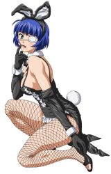 Rule 34 | 00s, 1girl, animal ears, blue hair, blunt bangs, breasts, costume, detached collar, dress, eyepatch, fake animal ears, feet, female focus, fishnet pantyhose, fishnets, from side, full body, green eyes, ikkitousen, leotard, official art, on one knee, pantyhose, pinup (style), playboy bunny, rabbit tail, ryomou shimei, shoes, short hair, simple background, solo, toeless footwear, toes, white background