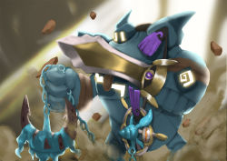 Rule 34 | aegislash, anchor, atorot, chain, commentary request, creature, creatures (company), dhelmise, game freak, gen 5 pokemon, gen 6 pokemon, gen 7 pokemon, golurk, holding, holding chain, holding pokemon, holding sword, holding weapon, nintendo, no humans, pokemon, pokemon (creature), rock, standing, sword, weapon