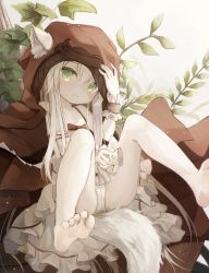 Rule 34 | 1girl, animal ear fluff, animal ears, barefoot, blush, cloak, commentary request, dress, ears through headwear, feet, foreshortening, frilled dress, frills, green eyes, highres, hood, hood up, hooded cloak, long hair, looking at viewer, original, panties, red cloak, sitting, soles, solo, tail, toes, underwear, utatanecocoa, white dress, white hair, white panties, wrist cuffs