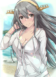 Rule 34 | 1girl, aga marino, beach, blue sky, blurry, blush, breasts, brown eyes, cleavage, cloud, commentary request, day, depth of field, grey hair, hairband, haruna (kancolle), headgear, hood, hooded jacket, hoodie, jacket, kantai collection, large breasts, long hair, looking at viewer, outdoors, sky, smile, solo, tan, upper body, white jacket