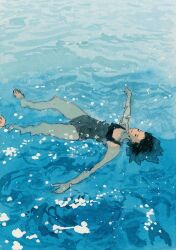 Rule 34 | 1girl, afloat, bare arms, bare legs, barefoot, black hair, breasts, caustics, closed eyes, commentary, day, english commentary, facing up, highres, korean commentary, mixed-language commentary, original, outdoors, outstretched arms, painting (medium), partially submerged, seong ryul, short hair, small breasts, solo, toes, traditional media, watercolor (medium)
