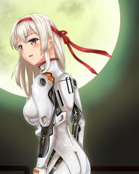 Rule 34 | absurdres, ayanami rei, ayanami rei (cosplay), bad id, bad pixiv id, bodysuit, breasts, cosplay, highres, kantai collection, latex, looking at viewer, moon, neon genesis evangelion, parazan d, plugsuit, shoukaku (kancolle), solo, white bodysuit, white hair