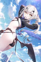 Rule 34 | 1girl, ass, bikini, black bikini, black jacket, blue sky, breasts, butt crack, cropped jacket, dragon wings, fate/grand order, fate (series), forked eyebrows, gabiran, highres, jacket, long hair, long sleeves, looking back, melusine (fate), melusine (swimsuit ruler) (fate), melusine (swimsuit ruler) (first ascension) (fate), mouth hold, shrug (clothing), sidelocks, sky, small breasts, solo, swimsuit, tail, thighlet, thighs, tying hair, water, white hair, wings, yellow eyes