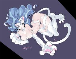 Rule 34 | animal ears, animal hands, bad id, bad pixiv id, blue eyes, blue hair, cat paws, cat tail, felicia (vampire), fishine, one eye closed, solo, tail, vampire (game)