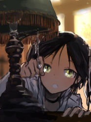 Rule 34 | 1girl, :o, backlighting, black choker, black hair, choker, desk lamp, fang, francesca lucchini, fringe trim, green eyes, hand up, highres, indoors, kabuyama kaigi, lamp, looking up, open mouth, paw pose, solo, strike witches, tsurime, twintails, world witches series