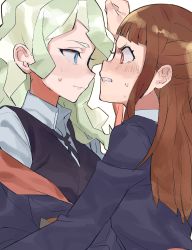 Rule 34 | 2girls, absurdres, blonde hair, blue eyes, blunt bangs, blush, brown hair, closed mouth, diana cavendish, ear blush, eye contact, face-to-face, from side, highres, kagari atsuko, little witch academia, long hair, looking at another, luna nova school uniform, multiple girls, necktie, off shoulder, profile, red eyes, school uniform, sweatdrop, takao (88499191), teeth, upper body, v-shaped eyebrows, wavy mouth, yuri