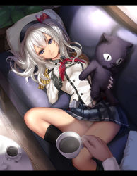 Rule 34 | 10s, 1girl, bad id, bad pixiv id, come hither, couch, cup, disposable coffee cup, disposable cup, epaulettes, gloves, grey eyes, hat, jacket, kantai collection, kashima (kancolle), long hair, long sleeves, looking at viewer, lying, military, military uniform, miniskirt, on back, on couch, panties, pantyshot, pillow, pleated skirt, pov, pov hands, silver hair, skirt, smile, solo focus, stuffed animal, stuffed cat, stuffed toy, table, takemori shintarou, twintails, underwear, uniform, wavy hair, white gloves, white panties