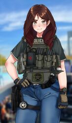 Rule 34 | 1girl, black shirt, blue pants, blue sky, blurry, blurry background, blush, brown eyes, brown gloves, brown hair, closed mouth, cloud, commentary, day, denim, english commentary, gloves, gun, hand on own hip, highres, holster, jeans, jizi, load bearing vest, medium hair, mole, mole under mouth, original, outdoors, pants, police, police uniform, policewoman, shirt, short sleeves, sky, smile, solo, t-shirt, tactical clothes, thigh strap, uniform, united states marshal, watch, weapon, wristwatch