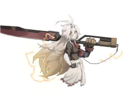 Rule 34 | 1girl, alchemy stars, antenna hair, black gloves, black shirt, breasts, carrying over shoulder, closed mouth, clothes around waist, collared shirt, colored skin, electricity, fingerless gloves, gloves, gradient hair, grey hair, grey skin, hair between eyes, highres, holding, holding sword, holding weapon, huge weapon, kunkun pa, long hair, looking at viewer, multicolored hair, neck ribbon, prosthesis, prosthetic arm, revy (alchemy stars), ribbon, shirt, simple background, sleeves rolled up, small breasts, solo, sword, weapon, white background, yellow eyes