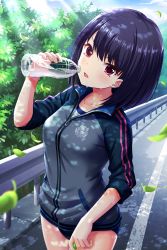 Rule 34 | 1girl, absurdres, alternative girls, black hair, black sweater, blue buruma, bottle, buruma, day, highres, holding, holding bottle, leaf, looking at viewer, medium hair, official art, onitsuka chiho, open mouth, outdoors, red eyes, solo, sweater, water bottle