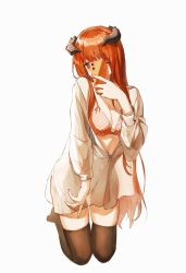 Rule 34 | 1girl, alternate costume, arknights, bagpipe (arknights), black thighhighs, bra, breasts, casual, cellphone, checkered bra, checkered clothes, cleavage, commentary, dragon horns, full body, holding, holding phone, horns, long sleeves, looking at viewer, medium breasts, off shoulder, one eye closed, orange hair, partially unbuttoned, phone, pink bra, purple eyes, qinglai haiji, shirt, simple background, smartphone, solo, straight hair, thighhighs, underwear, white background, white shirt, zettai ryouiki