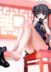 Rule 34 | 1girl, barefoot, black hair, blue archive, chair, chinese clothes, double bun, feet, hair bun, kisaki (blue archive), light blush, long hair, looking at viewer, panties, pantyshot, shoe dangle, sitting, soles, toes, twintails, underwear