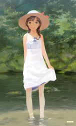 Rule 34 | 1girl, absurdres, braid, brown eyes, brown hair, clothes lift, commentary, dress, dress lift, grin, hat, highres, long hair, looking at viewer, mtz, original, plant, pond, signature, smile, solo, summer, sun hat, sundress, sunlight, tree, twin braids, wading, water, white dress