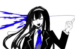Rule 34 | 1girl, black jacket, blood, blood splatter, blue blood, blue necktie, blunt bangs, chinese commentary, closed eyes, coattails, collared shirt, commentary request, dress, greyscale, hairband, highres, jacket, layered dress, long hair, long sleeves, monochrome, necktie, open clothes, open jacket, open mouth, original, pointing, shirt, smile, solo, spot color, straight hair, teeth, tiankong yiji, upper body, upper teeth only, white background, white shirt