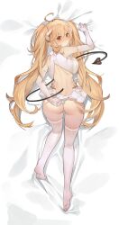 Rule 34 | 1girl, absurdres, ahoge, ass, backboob, backless dress, backless outfit, bare shoulders, bed sheet, blonde hair, blush, breasts, butt crack, character request, chukibabo2, dakimakura (medium), demon girl, demon horns, demon tail, dress, dungeon and fighter, full body, gloves, highres, horns, large breasts, long hair, lying, on back, on stomach, pointy ears, red eyes, skirt, sleeveless, sleeveless dress, solo, tail, tail between breasts, thighhighs, twintails, underboob, very long hair, white dress, white gloves, white thighhighs