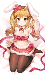Rule 34 | 1girl, absurdres, animal ears, bad id, bad pixiv id, bandeau, bang dream!, bed sheet, black pantyhose, blonde hair, blush, bow, breasts, cleavage, detached collar, detached sleeves, fake animal ears, frilled sleeves, frills, fur-trimmed bandeau, fur-trimmed skirt, fur-trimmed sleeves, fur trim, hair bow, hair ornament, highres, holding ears, ichigaya arisa, looking at viewer, medium breasts, miniskirt, neck ribbon, no shoes, open mouth, pantyhose, pink ribbon, plaid, plaid skirt, rabbit ears, red ribbon, ribbon, sidelocks, sitting, skirt, solo, star (symbol), sweatdrop, tokkyu, twintails, x hair ornament