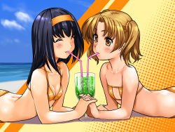 Rule 34 | 2girls, ^ ^, akiba youko, bikini, blush, breasts, brown eyes, brown hair, child, cleavage, closed eyes, couple, drink, fang, fingernails, flat chest, hairband, headband, highres, holding hands, interlocked fingers, kamia (not found), kurumi mayu, lying, multiple girls, ocean, on stomach, original, ponytail, short twintails, small breasts, swimsuit, twintails, yuri