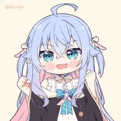 Rule 34 | 1girl, :d, ahoge, bare shoulders, blue eyes, blush stickers, chibi, clenched hands, commentary, english commentary, fang, frilled shirt, frills, indie virtual youtuber, kagura nana, kukie-nyan, long hair, looking at viewer, nanakagu karatou ch, open mouth, shirt, silver hair, skin fang, smile, solo, twitter username, two side up, upper body, virtual youtuber, w arms, white shirt