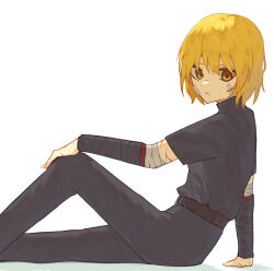 Rule 34 | 1girl, absurdres, bandaged arm, bandages, bandaid, bandaid on face, black pants, black shirt, blonde hair, closed mouth, don quixote (project moon), highres, limbus company, looking at viewer, pants, project moon, shirt, short hair, short sleeves, simple background, sinlu, sitting, solo, white background, yellow eyes