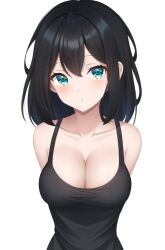 Rule 34 | 1girl, :/, absurdres, armpit crease, arms behind back, bare shoulders, black hair, black tank top, breasts, cleavage, closed mouth, collarbone, commentary, crossed bangs, double-parted bangs, english commentary, expressionless, green eyes, hair between eyes, highres, large breasts, light blush, looking at viewer, medium hair, original, simple background, solo, tank top, upper body, white background, zero0ex