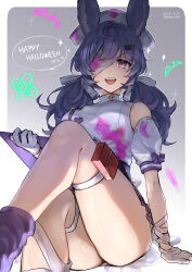 Rule 34 | 1girl, animal ears, bandage over one eye, bandaged arm, bandaged head, bandages, bare shoulders, blood, bloody bandages, blue hair, dela, detached sleeves, dress, erune, gloves, granblue fantasy, hair ornament, hairclip, halloween costume, hat, highres, long hair, looking at viewer, low twintails, nurse, nurse cap, official alternate costume, open mouth, pouch, puffy short sleeves, puffy sleeves, purple eyes, purple socks, short dress, short sleeves, sitting, sleeveless, sleeveless dress, smile, socks, solo, thighs, tikoh, tikoh (halloween), twintails, white dress, white gloves