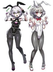 Rule 34 | 1boy, 1girl, animal ears, arms up, artist name, bandages, bare shoulders, belt, belt buckle, bow, bowtie, breasts, buckle, commentary request, covered navel, detached collar, fake animal ears, fate/apocrypha, fate/grand order, fate (series), fingerless gloves, full body, gloves, gluteal fold, green eyes, grey hair, hair between eyes, haoro, highres, jack the ripper (fate/apocrypha), leotard, looking at viewer, medium breasts, open mouth, pantyhose, playboy bunny, rabbit ears, rabbit tail, red eyes, scar, scar across eye, scar on face, short hair, shoulder tattoo, sieg (fate), sleeveless, tail, tattoo, teeth, thigh strap, tongue, twitter username, watermark, white hair, wrist cuffs