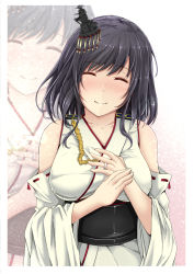 Rule 34 | 1girl, aga marino, black hair, blush, breasts, closed eyes, detached sleeves, headgear, japanese clothes, jewelry, kantai collection, large breasts, nontraditional miko, obi, red eyes, ring, sash, short hair, smile, solo, wedding ring, white background, wide sleeves, yamashiro (kancolle)