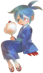 Rule 34 | 1boy, antenna hair, blue eyes, blue hair, blue kimono, bone (stare), bug, claws, cotton candy, food, hair between eyes, heterochromia, holding, holding food, insect, japanese clothes, kimono, ladybug, male focus, open mouth, puyopuyo, puyopuyo fever, red eyes, sandals, short hair, sig (puyopuyo), simple background, socks, solo, white background, white socks, zouri