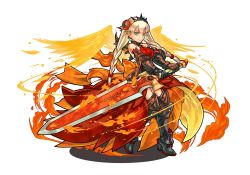 Rule 34 | 1girl, armor, bare shoulders, blonde hair, braid, fire, fire valkyrie (p&amp;d), gauntlets, greaves, green eyes, hair ornament, hairband, hino shinnosuke, looking at viewer, official art, puzzle &amp; dragons, red valkyrie (p&amp;d), simple background, solo, sword, twin braids, valkyrie, valkyrie (p&amp;d), weapon, white background, wings